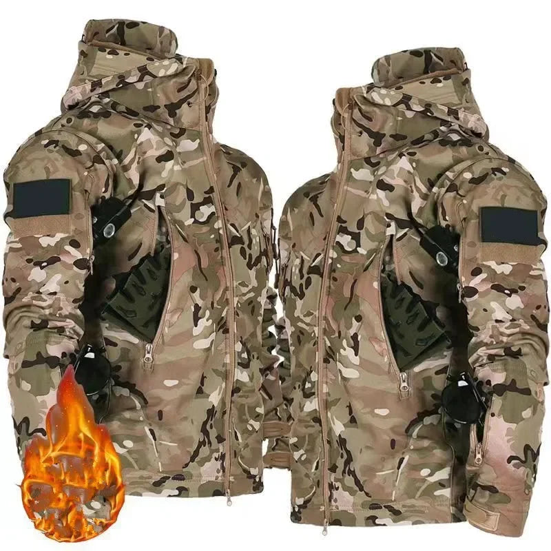 5XL 6XL Tactical Soft Shell Hooded Fleece Men Winter Windproof Waterproof Warm Coats Outdoor Multi-pocket Jacket
