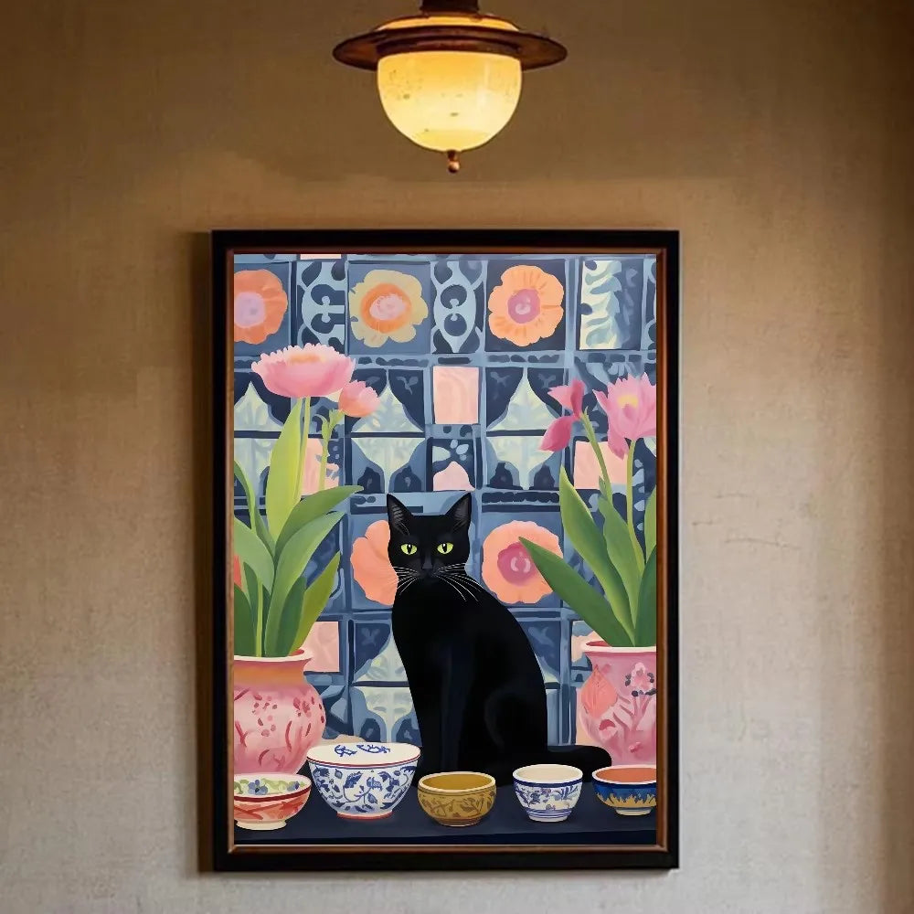 Funny Black Cat Reading Newspapers on The Toilet Canvas Print Green Pink  Animal Wall Art Poster for Modern Bathroom Home Decor
