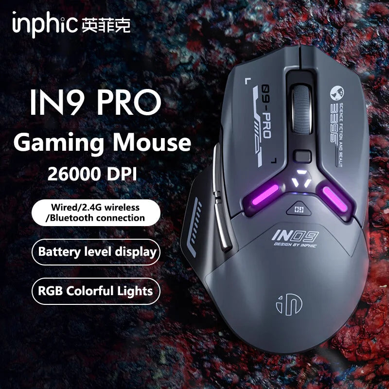 Inphic IN9 PRO PAW3395 RGB Gaming Mouse Rechargeable 26000DPI Support Wired/Bluetooth/2.4G Wireless Mouse