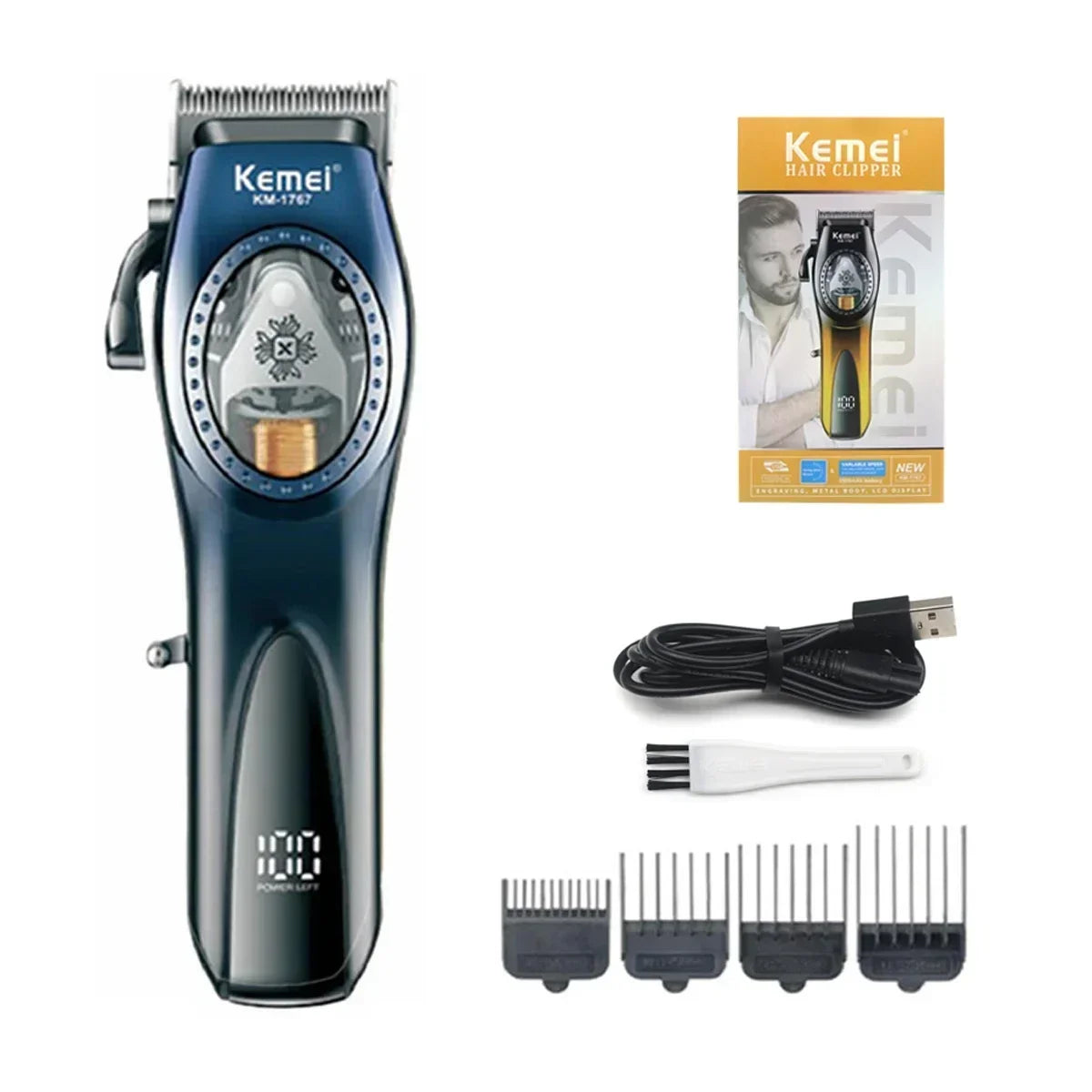 Kemei KM-1767 Magnetic Motor Professiona Men's Hair Clipper Ceramic DLC Blade Haircut Machine LCD Display Hair Trimmer 9000RPM