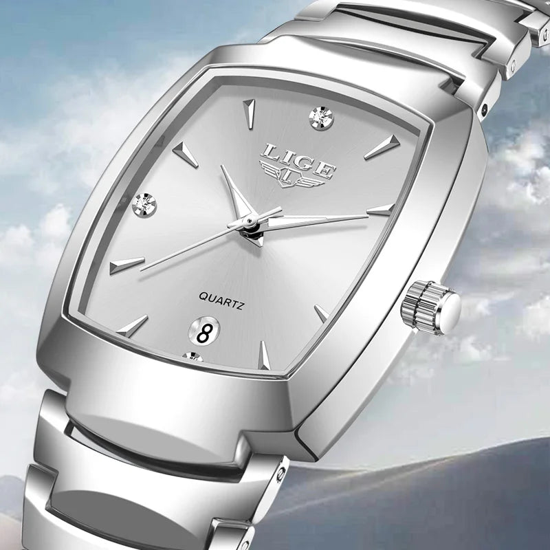 LIGE Women's Fashion Square Watches Gold Alloy Strap Luxury Ladies Quartz Wristwatches Female Diamond Scale Clock+Gift Box