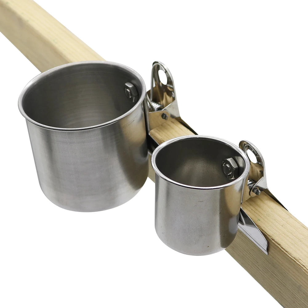 Pet Stainless Steel Bird Feeder Double Cup/Single Cup With Clip Parrot Feeder Round Birdhouse Food Drinking Water Feeding Bowl