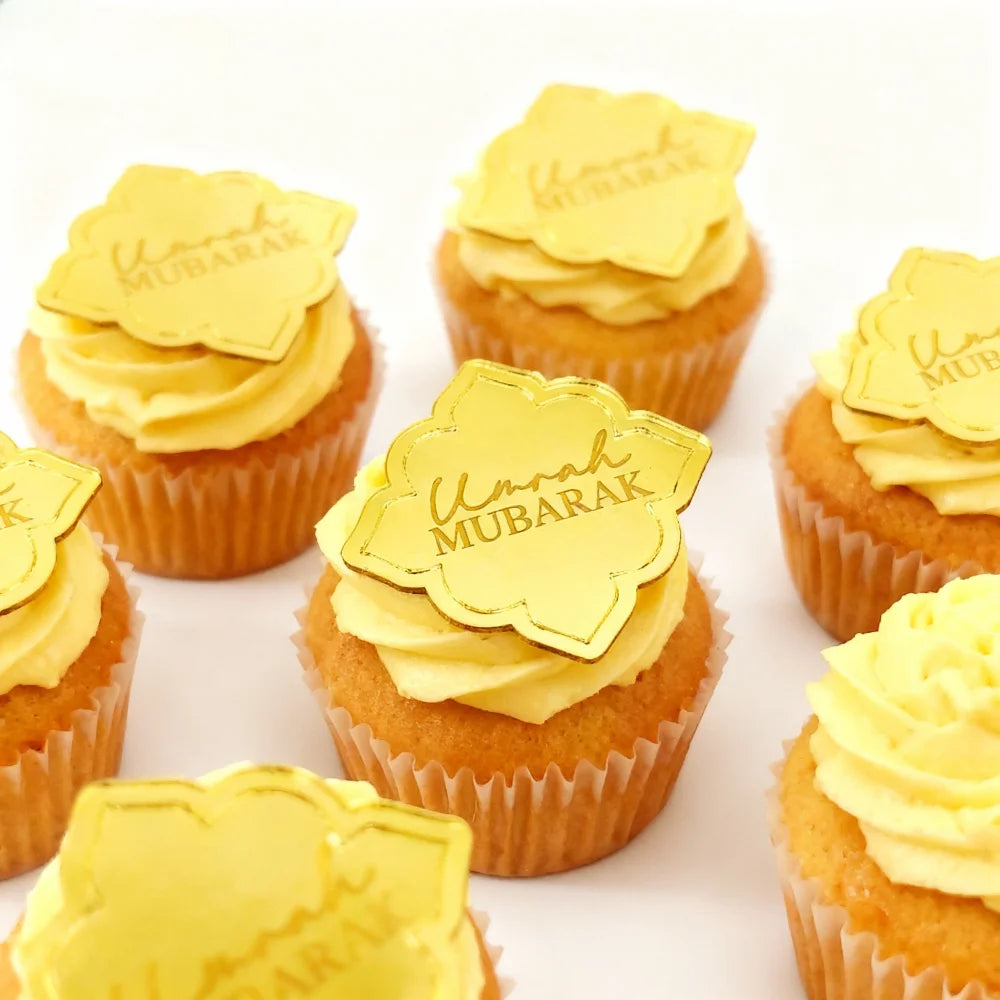10pcs Engraved Umrah Mubarak Acrylic Cake Charm Muslim Islamic Eid Al Adha Mirrored Acrylic Cupcake Topper Dinner Table Decor
