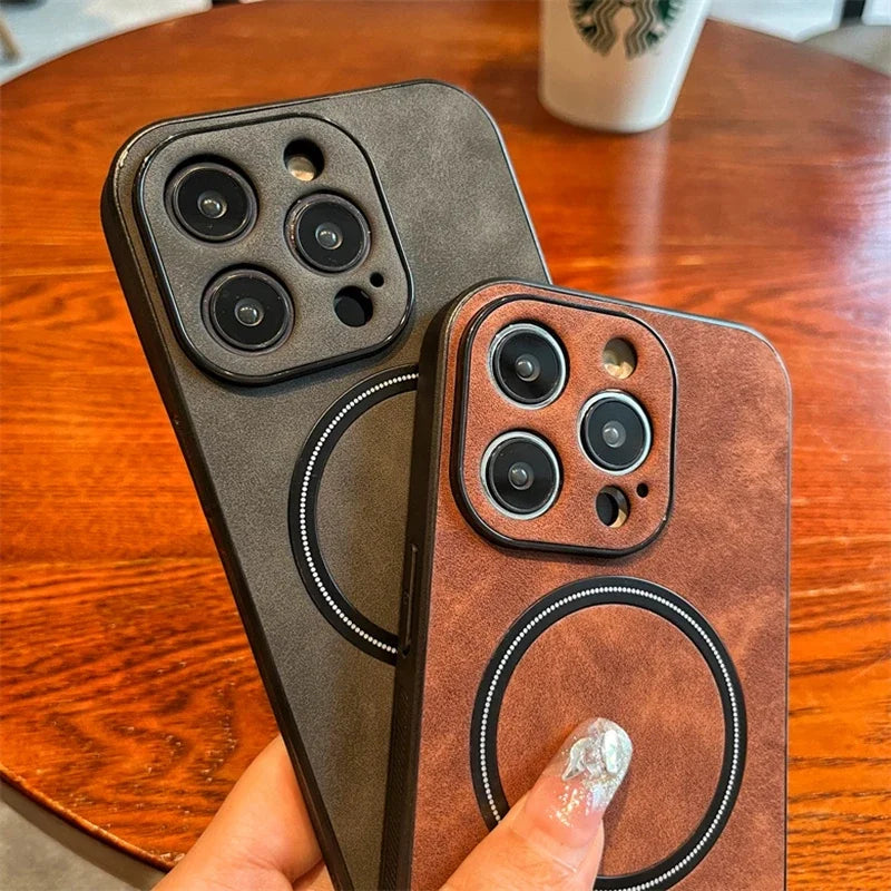 Premium Magnetic Leather iPhone Case - MagSafe Wireless Charging Compatible