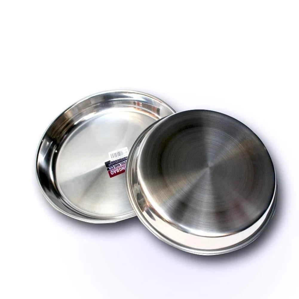 Stainless Steel Round Tray Metal Dining Disc Cake Tray Flat Bottom Plate BBQ Plate Fruit Meat Serving Dishes Kitchen Tableware ﻿