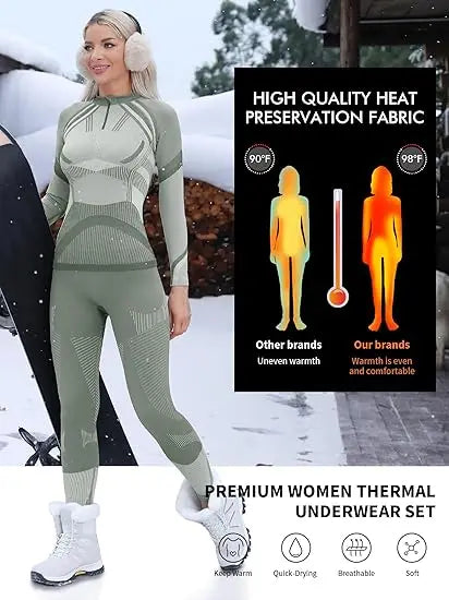 Anfilia Women Ski Thermal Underwear Sets Moisture-wicking Tight Zipper Crew Neck Seamless knitted Base Layer Long Johns For Home