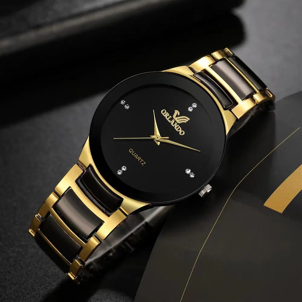 2PCS Couple's Watches Fashion Stainless Steel Band Men Women Analog Quartz Watches Set