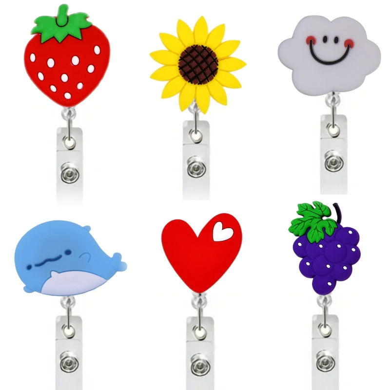 New Design 1 Piece Soft Silicone Retractable Nurse Badge Reel Cute Strawberry Love Heart Rainbow Flowers ID Card Holder Lanyard