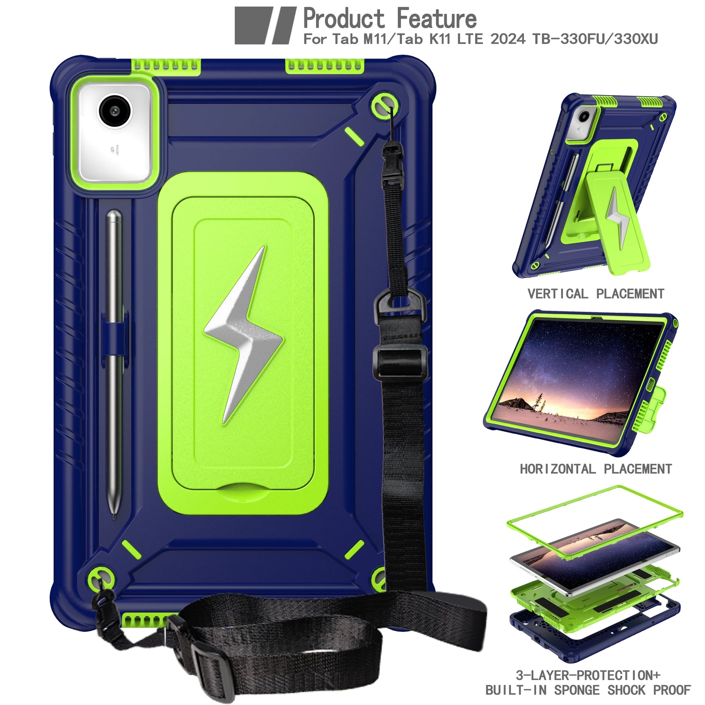 For Lenovo Tab M11 Xiaoxin Pad 2024 11" TB331FC 330FU  Kids Shockproof Tablet Protector Case  With Shoulder Strap and Kickstand