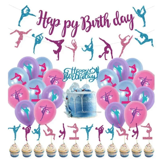 Gymnastics Theme Birthday Party Decoration Balloons Happy Birthday Banner Cake Topper Set Girl Sports Party Decoration Supplies
