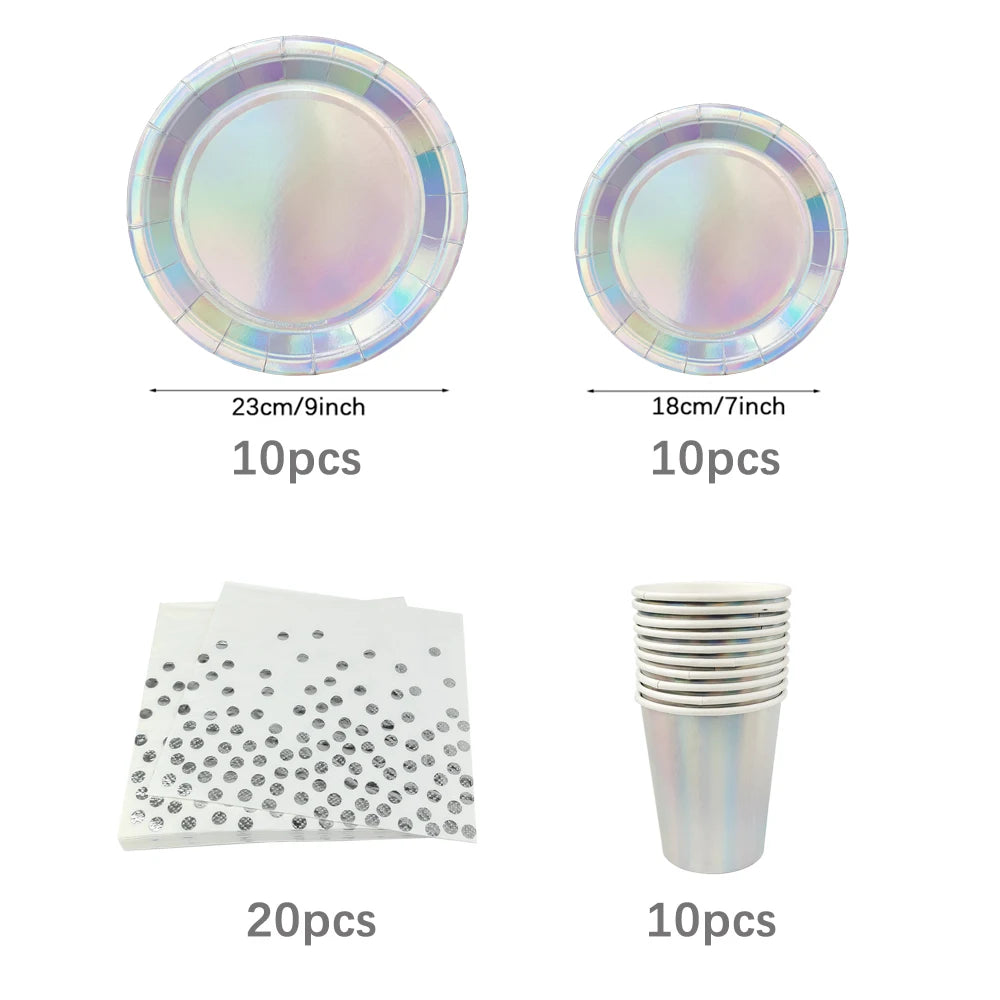 Laser Disposable Tableware Sets Silver Party Paper Cups Paper Plates Straw Party Tableware Wedding Decor Birthday Party Supplies