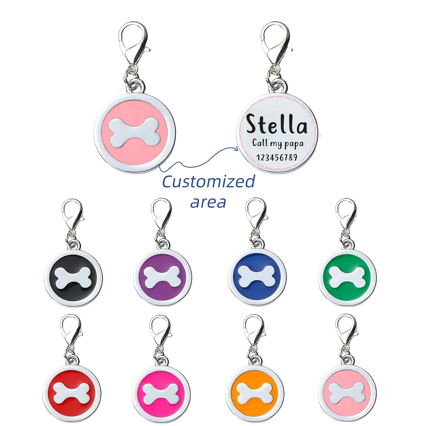 1pc Pink Personalized Customized Dog Bones Silver Round Shaped Pet ID Tag, Back Can Be Engraved With Pet Name