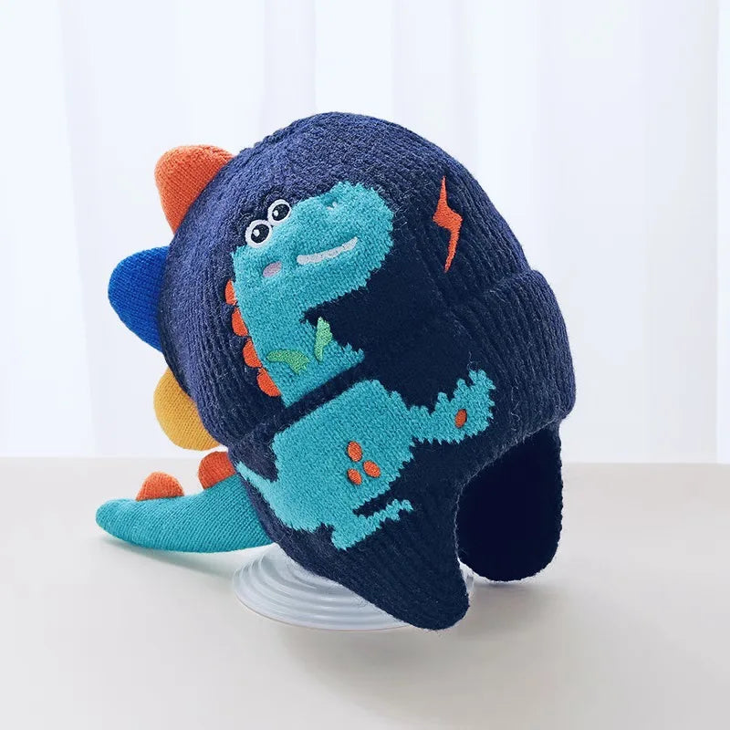 Winter Kid Warm Hat Windproof Thickened Knitted Ear Protection Hooded Hat Outdoor Coldproof Thermal Dinosaur Earmuffs Cap