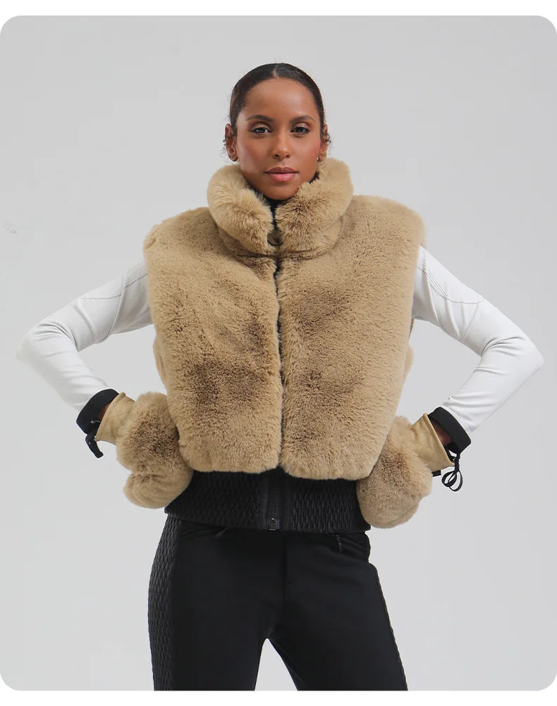 GSOU SNOW Women Fuzzy Faux Fur Vest coat ski Jacket Sleeveless Zip Shaggy Waistcoat Winter Daily Warm Outdoor Sport