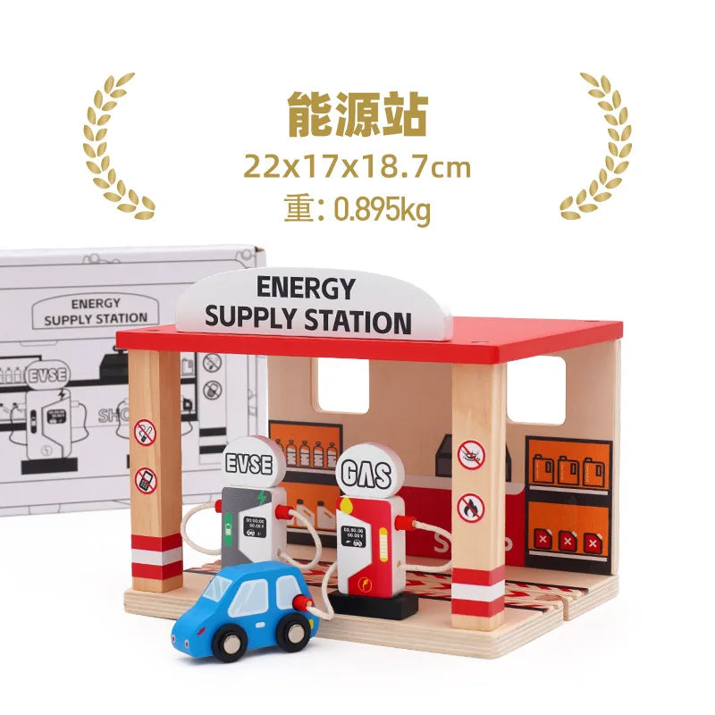 Wooden Train Tracks Scene Accessories Wooden Double Platform Gas Station Airplane Airport Educational DIY Toys For Children