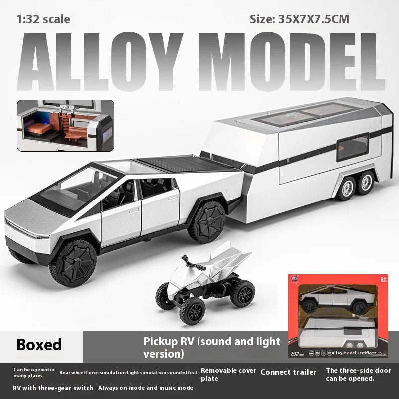Cybertruck Pickup Trailer RV Metal Alloy Toys Car Model Diecast Off-road Vehicle Gift For Boys Kids Collection truck ornaments