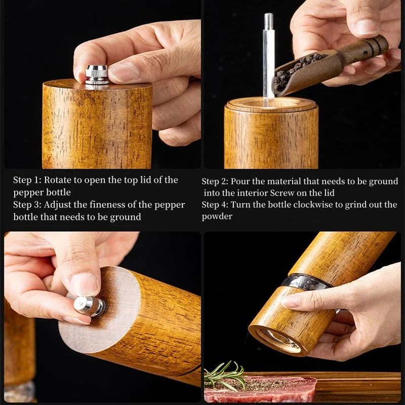Household Solid Wood Manual Pepper Grinder,Sea Salt Pepper Mills,Black Pepper Seasoning Jar Bottle,Transparent Oak Grinder Tool