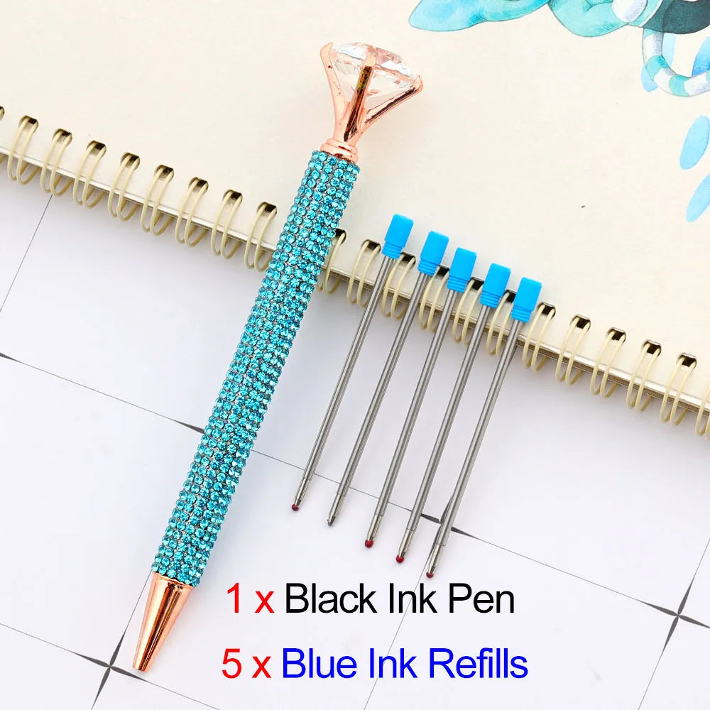 Lytwtw's Luxury Gold Ballpoint Pen Big Diamond Wedding Rose,Metal Stationery School Supplies  1 PCS Pen +5 PCS Refills