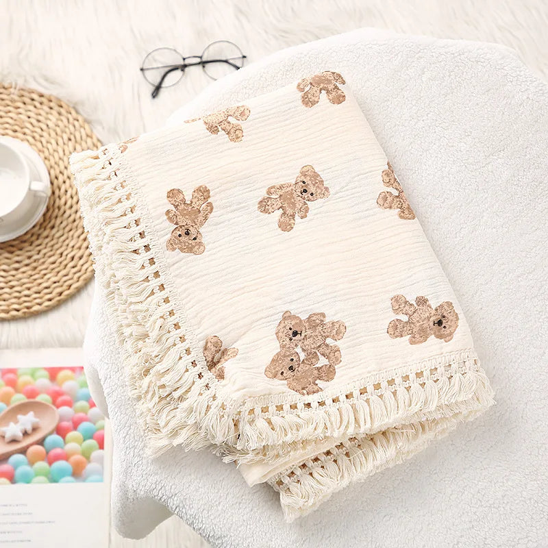 Premium Cotton Muslin Baby Blanket - Cute Bear Swaddle for Newborns