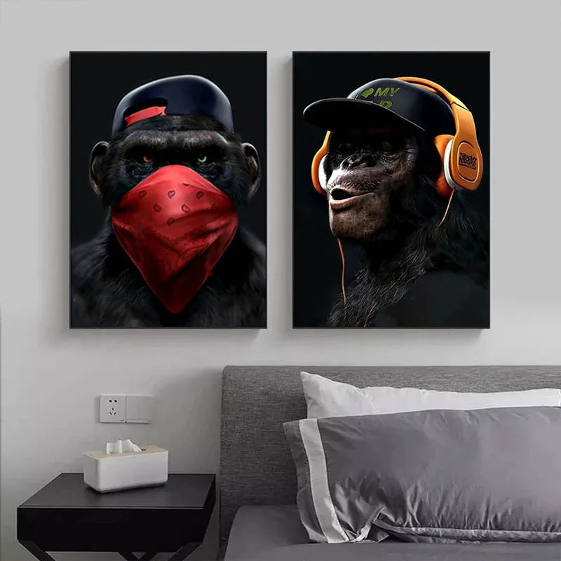 Earphone Glasses Gorilla Monkey Funny Poster Red Mask Art Print Modern Canvas Painting Fashion Wall Picture Living Room Decorati
