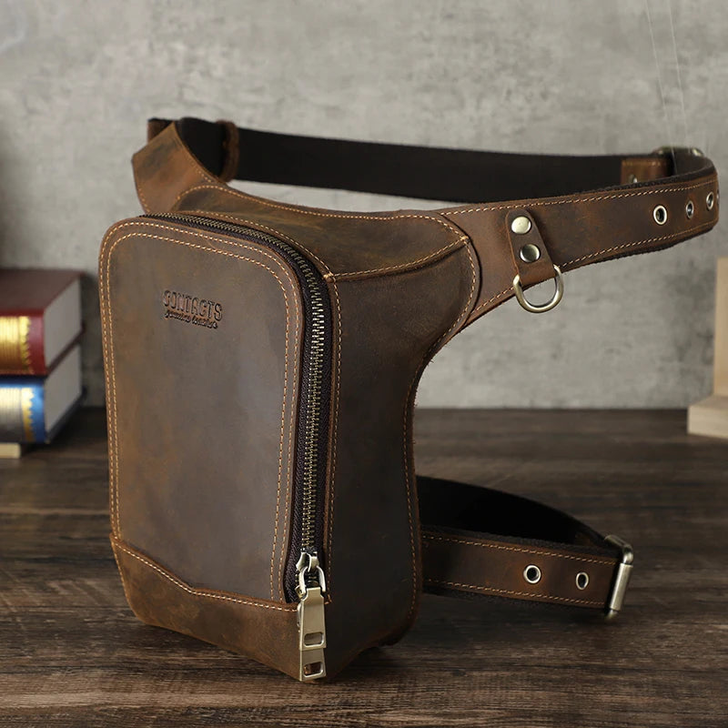 Premium Genuine Leather Motorcycle Leg Bag - Men's Tactical Waist Pack
