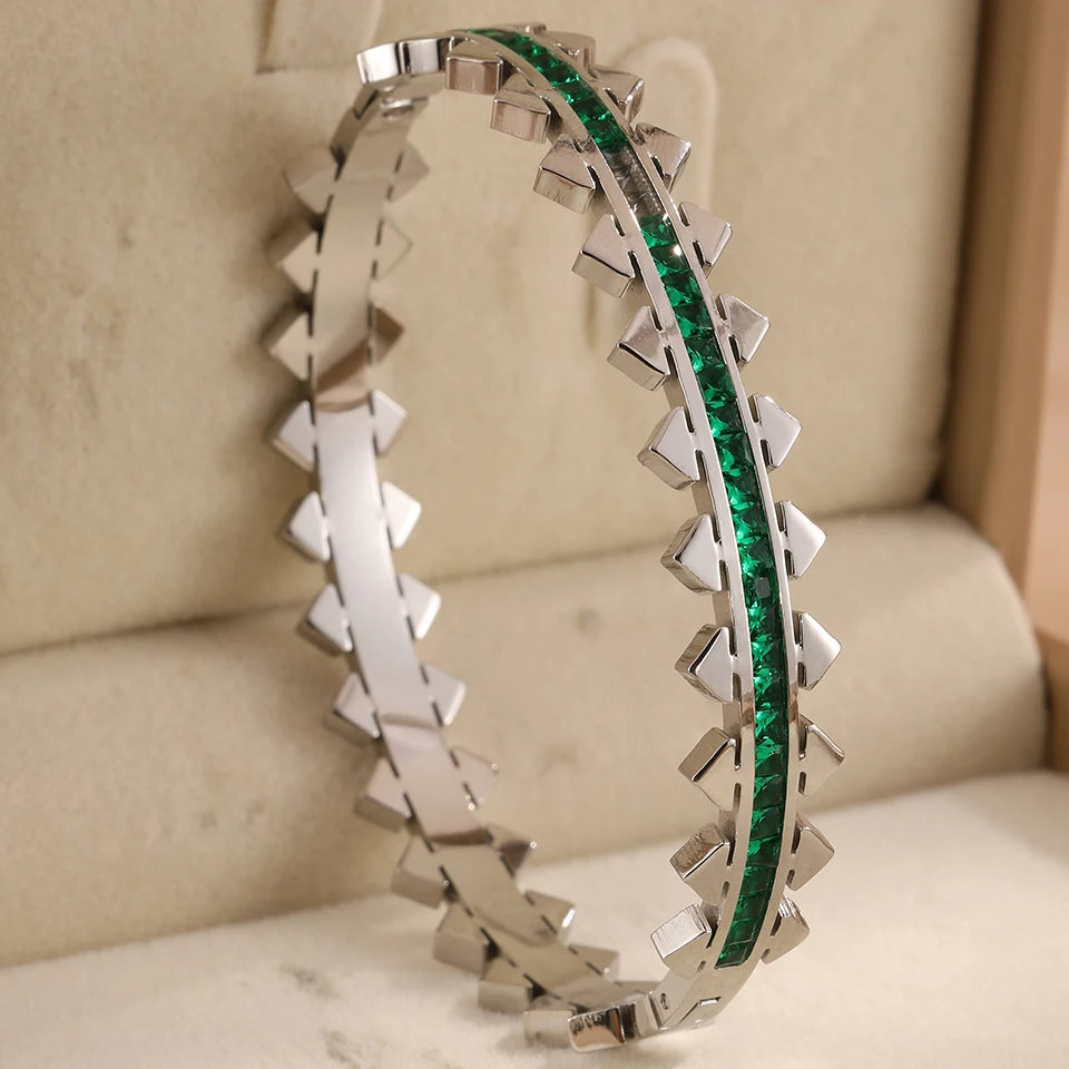 Yupsk 3Pcs/Set 316L Stainless Steel Green Zircon Inlaid Bracelets for Women Fashion Versatile Jewelry for Every Occasions