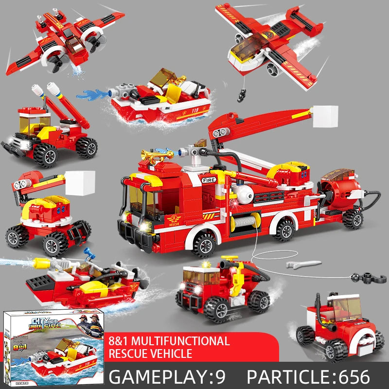 8 in 1 Fire Truck Building Blocks City Scaling Ladder Multifunctional Rescue Vehicle Combination Bricks Toy Kids Holiday Gifts