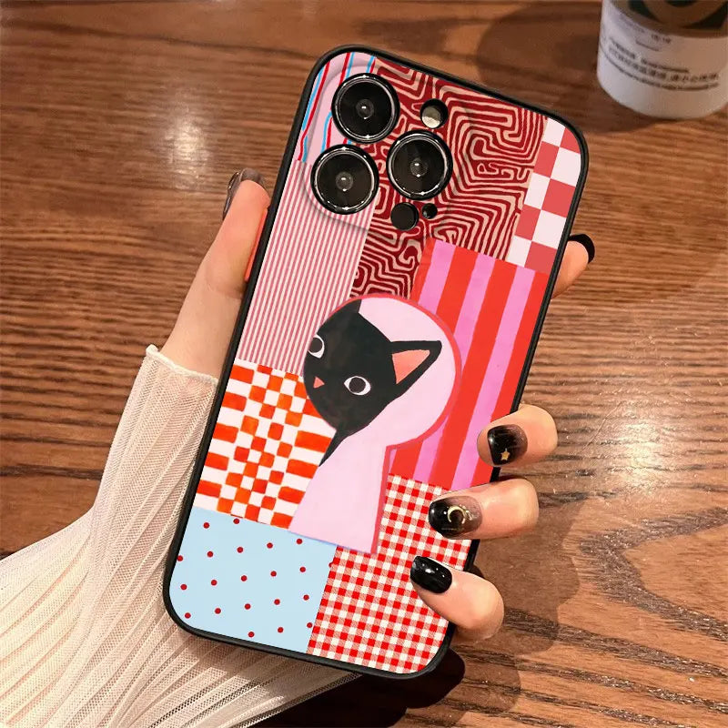 Artistic Black Cat Striped Pattern Phone Case For iPhone 15 14 Pro Max Plus 16 13 12 Mini 11 Pro Max XS X XR 17 Pro Max Covers
