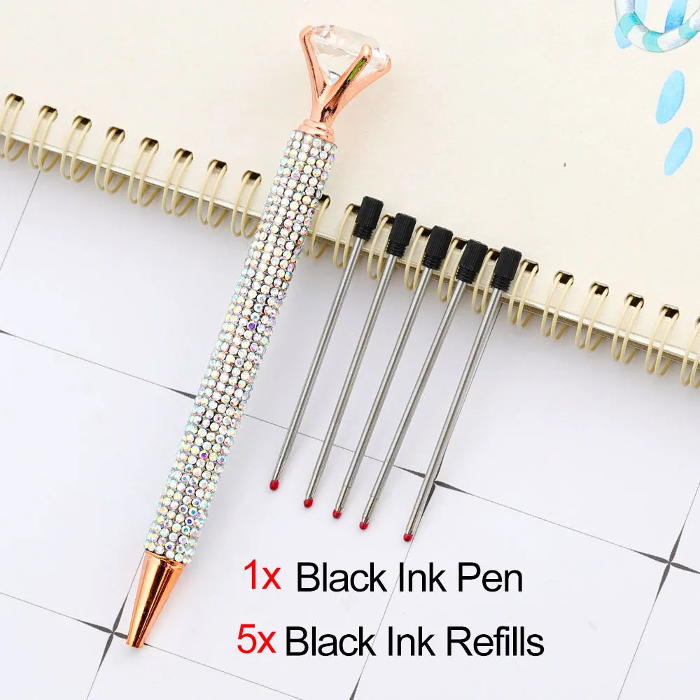 Lytwtw's Luxury Gold Ballpoint Pen Big Diamond Wedding Rose,Metal Stationery School Supplies  1 PCS Pen +5 PCS Refills