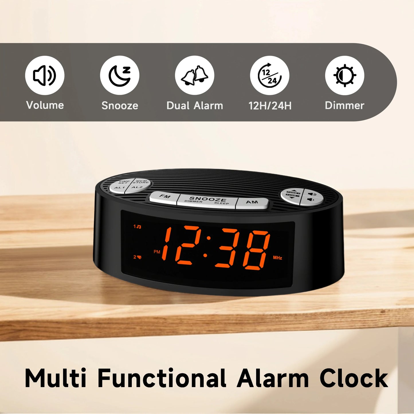iTOMA CKS3301U FM Alarm Clock Radio Dual Alarm Sleep Timer Snooze Orange LED Display 4-Level Dimming Option