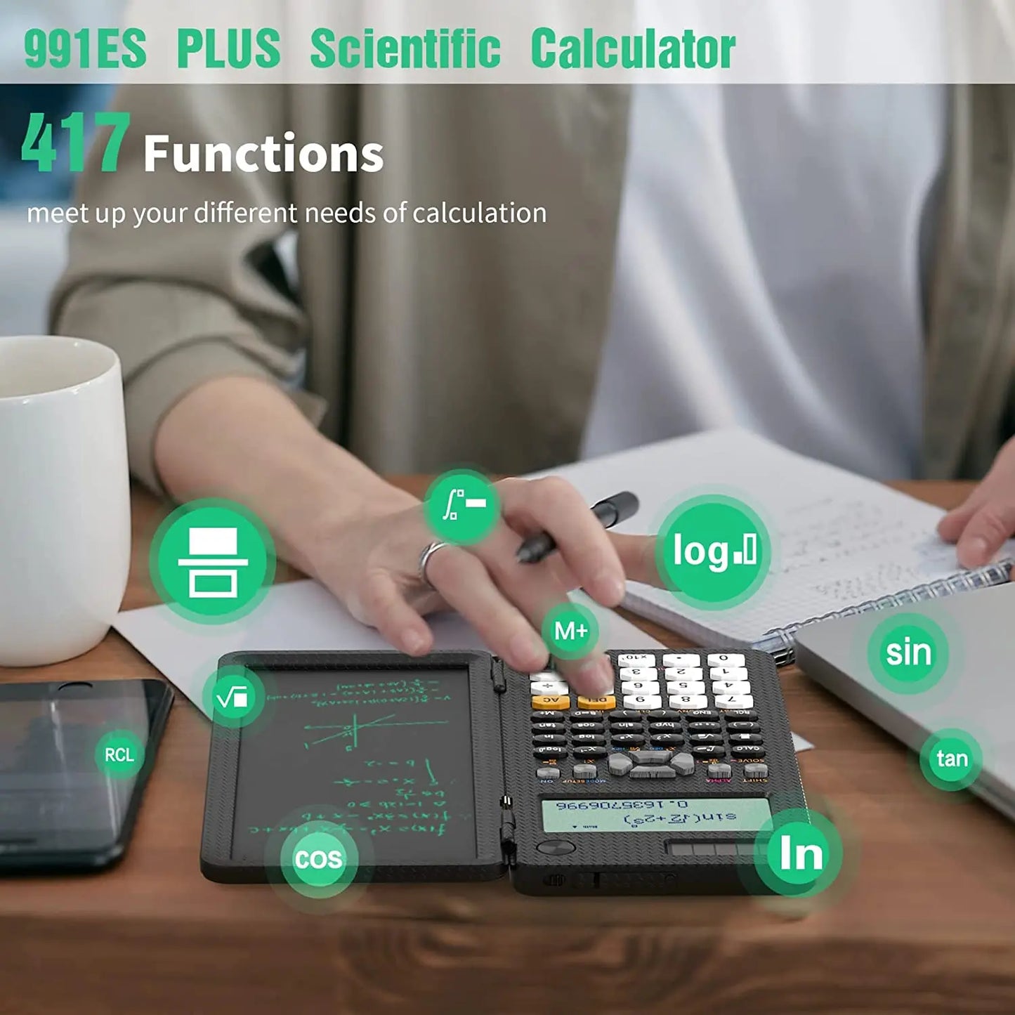Solar Scientific Calculator - 417 Functions LCD Notepad - Professional Foldable Calculator for Students