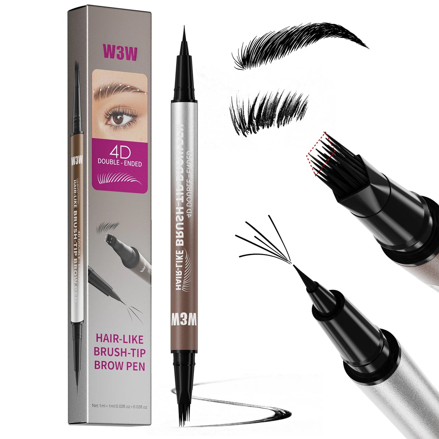 Dual Ended Eyebrow Pencil Waterproof Highly Pigmented Long Lasting Non Smudge 4D Microblading Effect 2 in 1 Liquid Pen