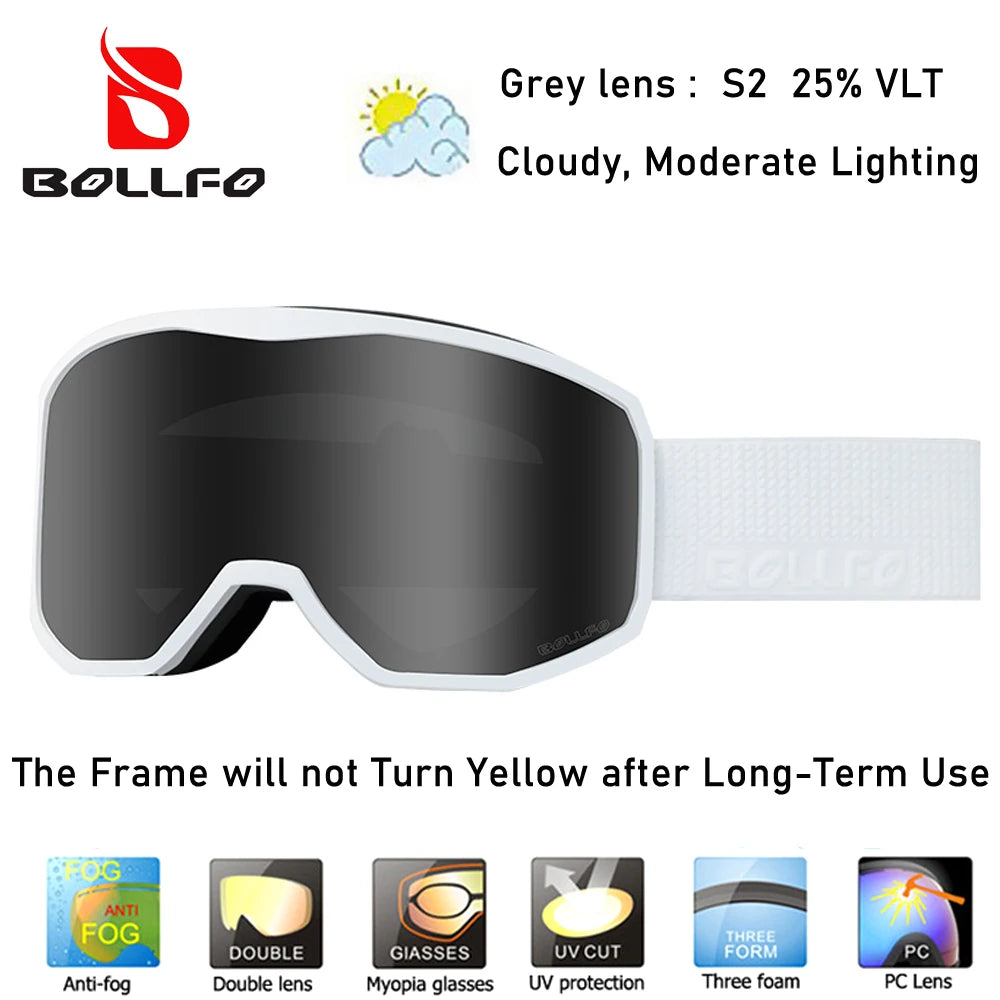 BOLLFO Ski Snowboard Goggles OTG Wide Vision Anti Fog UV Protection Snow Goggles for Men And Women Snowboarding Antiparras