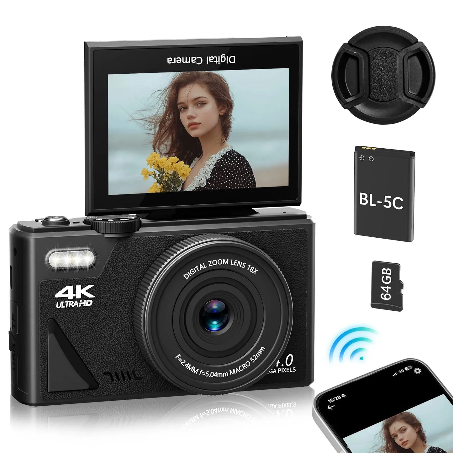 Compact 4K Digital Camera 64MP 18X Zoom for Photography Vlogging YouTube 3'' Flip Screen Flash