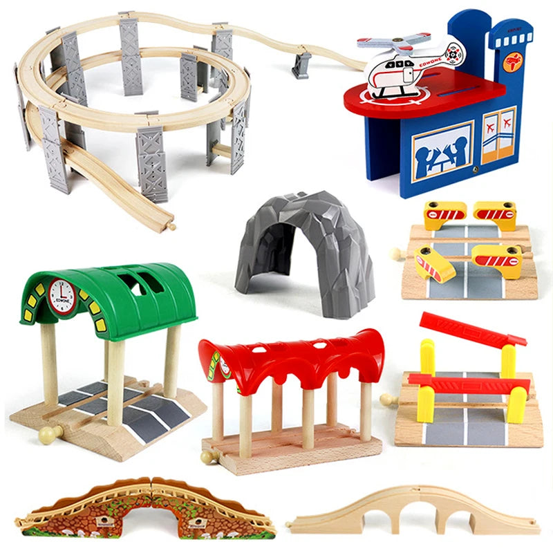 Wooden Track Accessories Beech Wood Railway Train Track Bridge Station Parts fit For All Brands Wooden Tracks Toys For Kids
