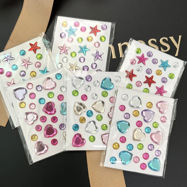 3/6/9Pcs Mini Colorful Star Heart Diamond Stickers Acrylic Flower Gem Stickers Rhinestones for Kid Make-up Eye Patch
