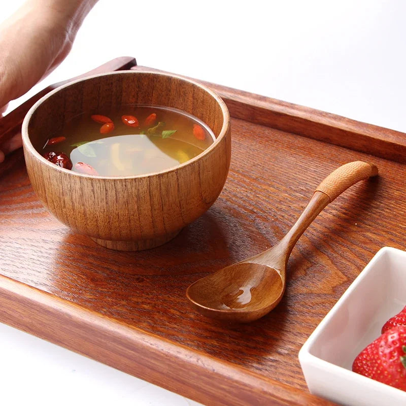 Wooden Spoon Set Japanese Style Long Handle Soup Spoon Wooden Tableware Restaurant Kitchen Tableware Accessories