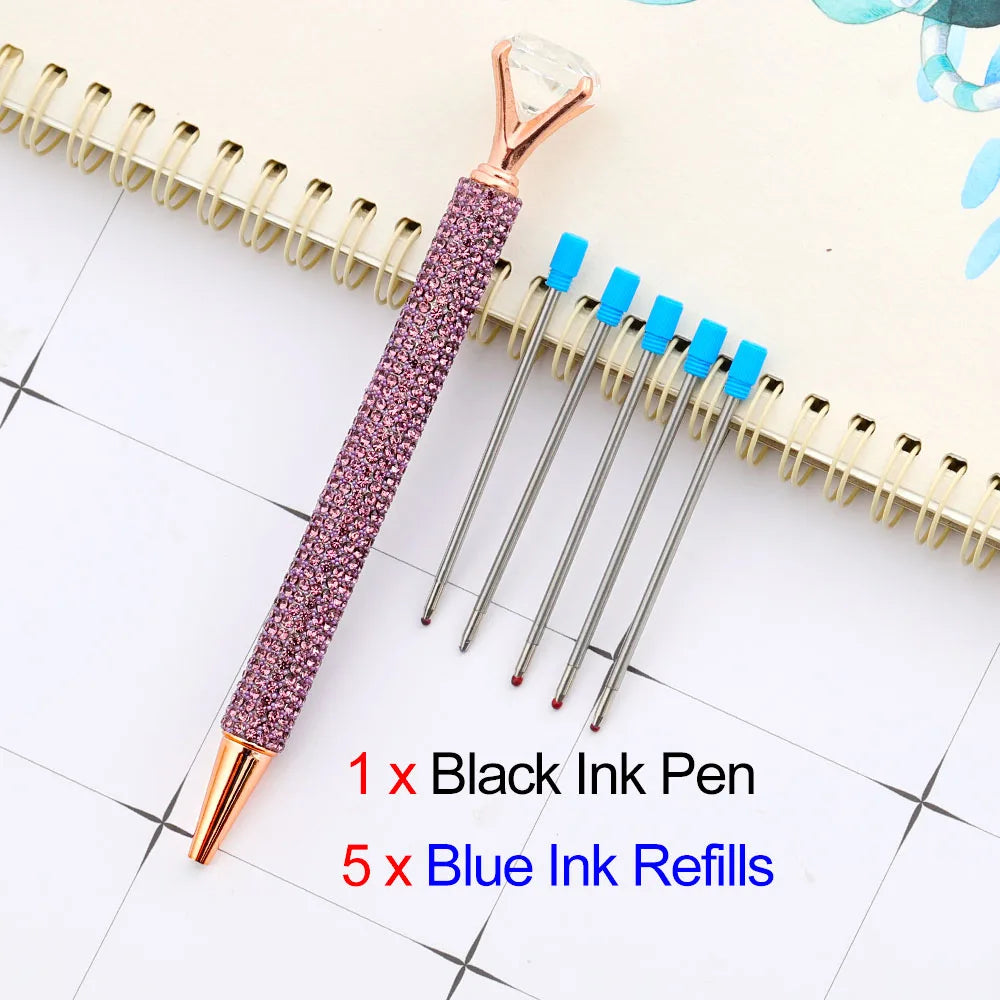 Lytwtw's Luxury Gold Ballpoint Pen Big Diamond Wedding Rose,Metal Stationery School Supplies  1 PCS Pen +5 PCS Refills