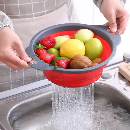 Collapsible Silicone Strainer Basket - Foldable Kitchen Colander for Fruits & Vegetables