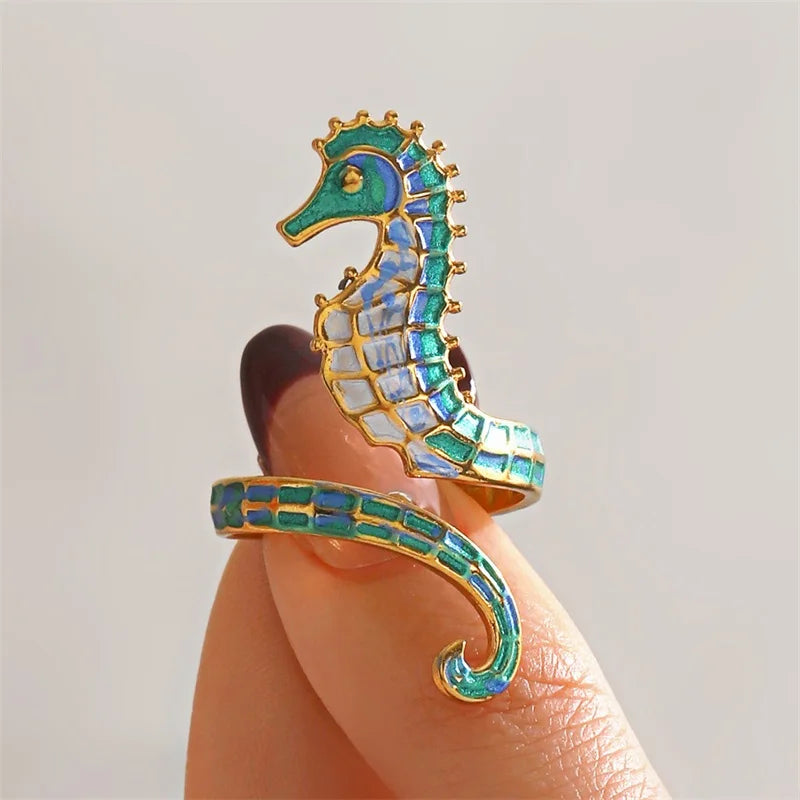 EILIECK 316L Stainless Steel Enamel Starfish Shells Open Adjustable Ring for Women Waterproof Chic Beach Summer Ring Jewelry