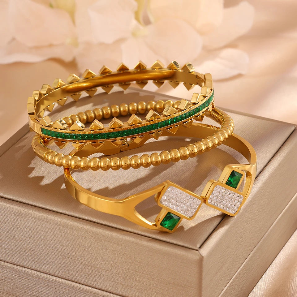 Yupsk 3Pcs/Set 316L Stainless Steel Green Zircon Inlaid Bracelets for Women Fashion Versatile Jewelry for Every Occasions