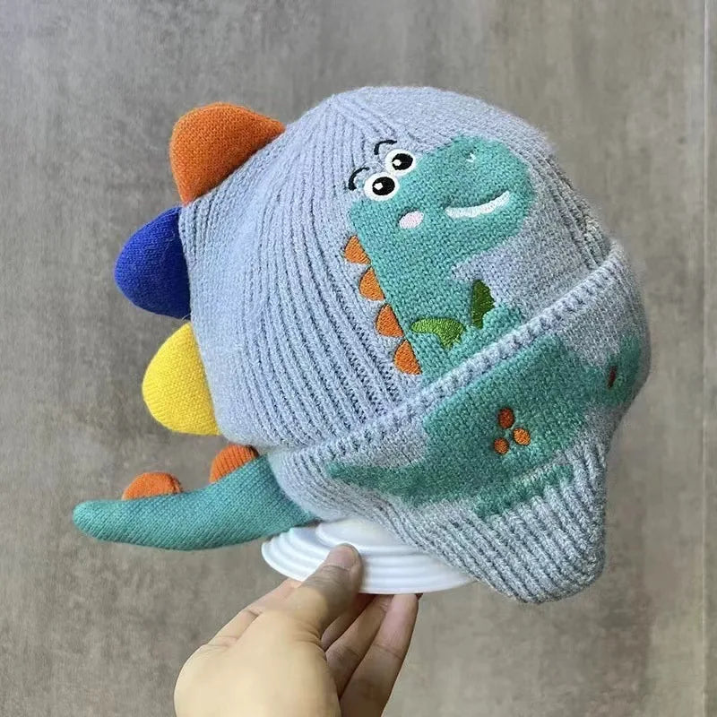 Winter Kid Warm Hat Windproof Thickened Knitted Ear Protection Hooded Hat Outdoor Coldproof Thermal Dinosaur Earmuffs Cap