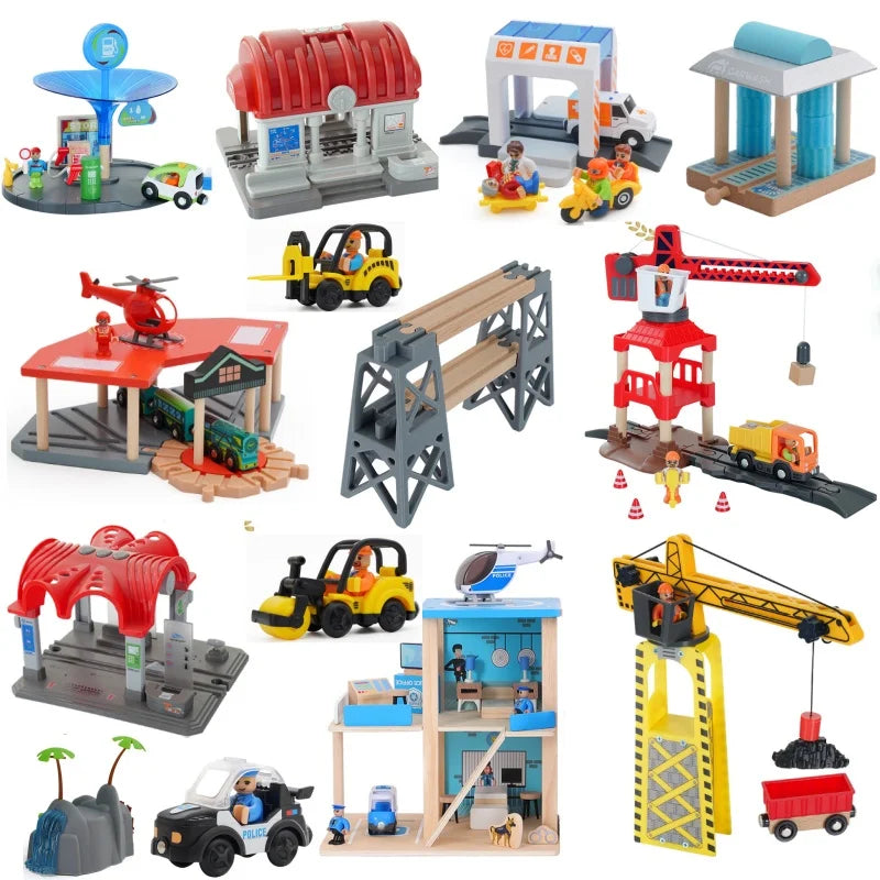 Wooden Track Accessories Rail Connectors set Wooden Train Toys Wood Railway Beech Turntable Bridge Tunnel Urban Rail set