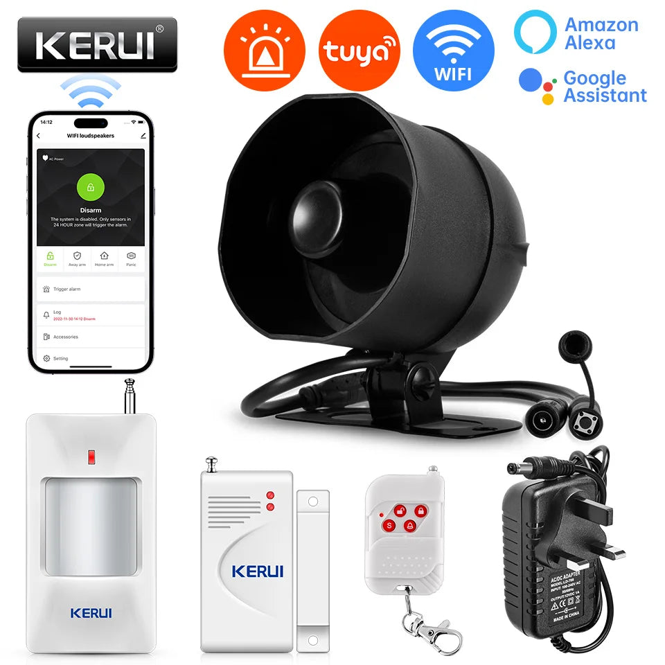 KERUI 120db Siren Alarm System WiFi Tuya Smart Speaker Alarm Kit with Motion Sensor Door Sensor for Home Security Protection