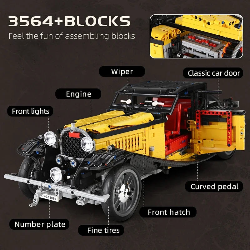 MOULD KING 13080S Technical Car Building Blocks T50 Vintage Car MOC-25153 Bricks Model Educational Toys For Kids Birthday Gifts