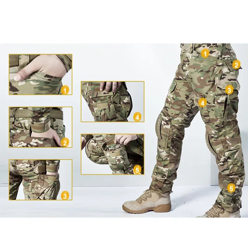 Tactical Uniform Camo Multicam Combat Shirts Cargo Pants +pads Sniper Hunting Clothes Suits Trainning Airsoft Paintball Sets