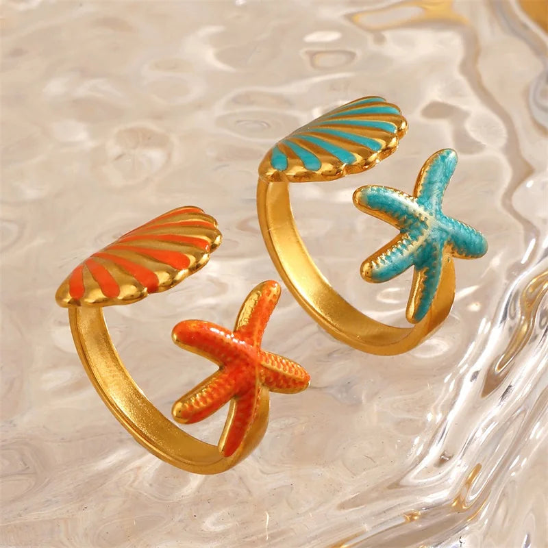 EILIECK 316L Stainless Steel Enamel Starfish Shells Open Adjustable Ring for Women Waterproof Chic Beach Summer Ring Jewelry