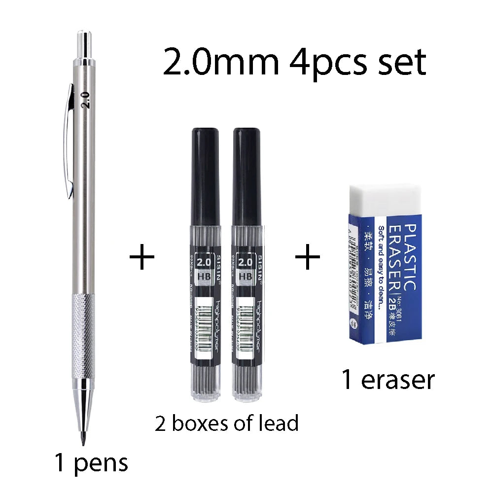 0.5 0.7 0.9 1.3 2.0mm Metal Anti Slip Automatic Pencil Set with HB Lead School Office Writing Stationery Supplies Smooth Writing