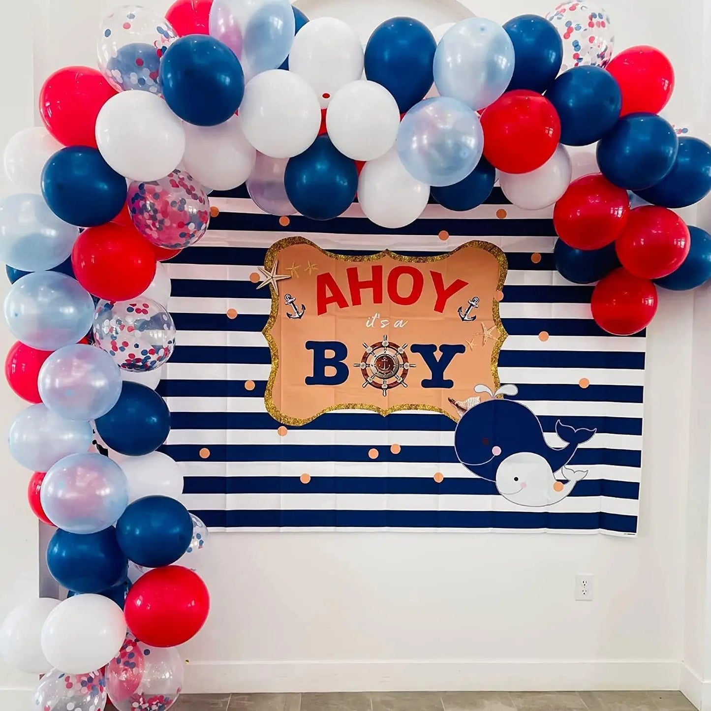Red, White, and Blue Balloon Arch Set, 117 Pieces, Blue, Red, and White Balloons, White Cloud Airplane Foil Balloon Arch Kit, with Pearl Blue and Red Blue Sequin Latex Balloons, Suitable for Blue Sky and White Clouds Theme Bi