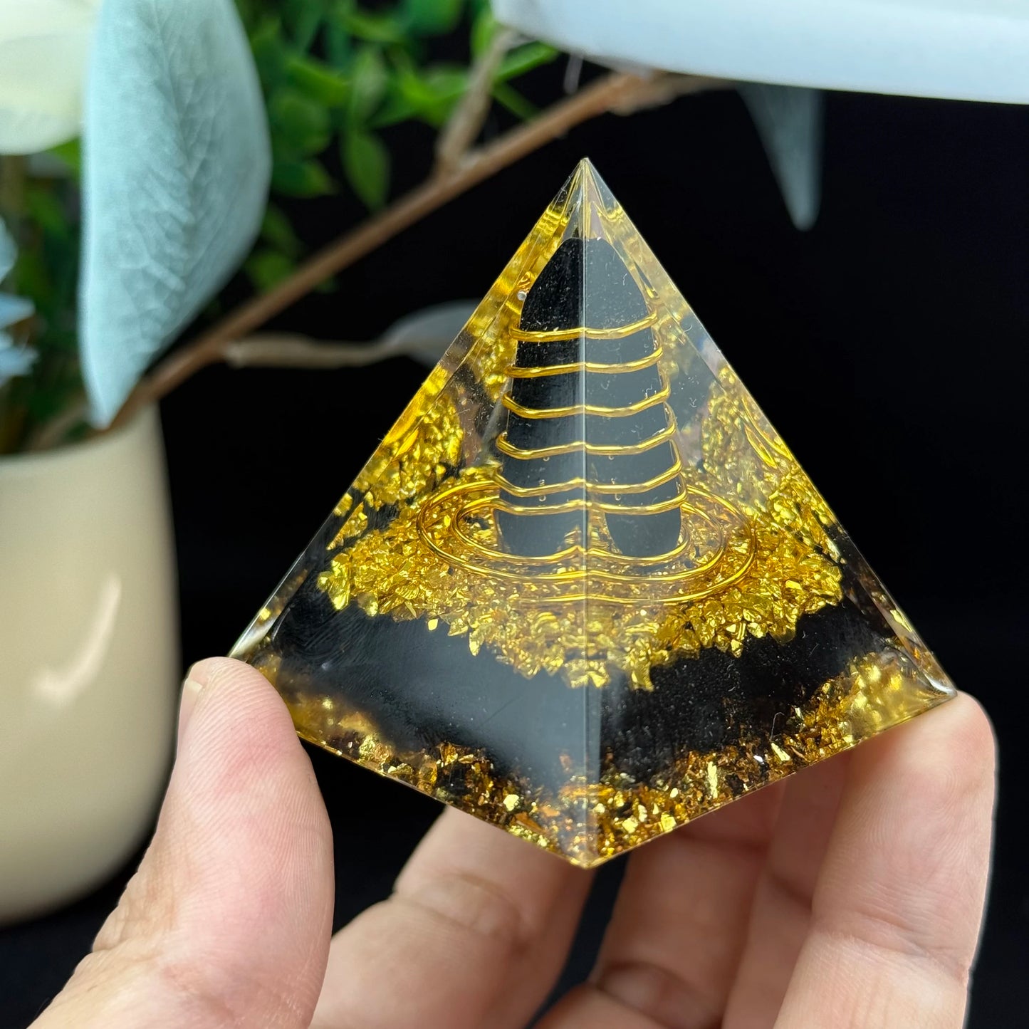 1pc Orgone Pyramid, The Obsidian Ogan Pyramid is handcrafted from resin, metal shavings and obsidian, Home Desktop Ornaments